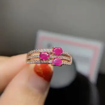 100% Естествена пръстен с розов рубин за ежедневието, сребърен пръстен с рубин 3 мм * 4 мм, модни бижута са от сребро проба 925 с рубин