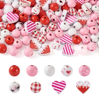 120шт Розово-Червена Рисувани Сърцето си за Любовта Мъниста От Дърво с Кръгли Свободни Топки за Двойка, Подарък За Свети Валентин 