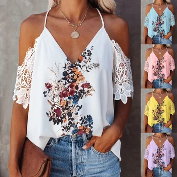 2022 Дамски модни летни ежедневни блузи контрастная лейси тениска с V-образно деколте и цветисти принтом, върхове с открити рамене