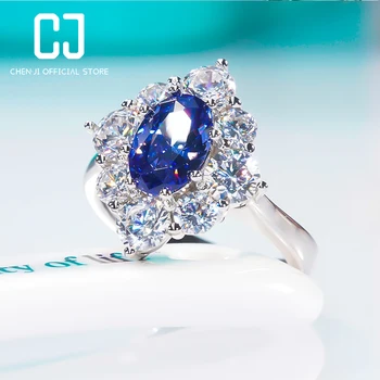 2023 Сапфирен обемен пръстен в ретро стил, овална, от чисто сребро 925 проба, с платинен покритие, луксозно бижу с високо съдържание на въглерод и диамант