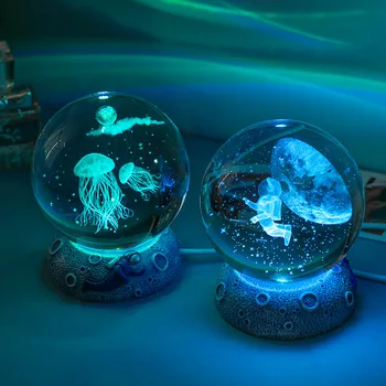 3d Семицветный кристална топка в океана нежна основа от смола Стъклен лека нощ прикроватное осветление спални в общежитието Декоративни орнаменти