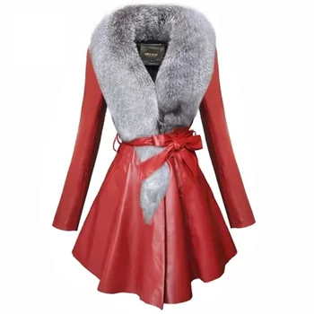 8XL Дамско яке от изкуствена кожа 2023, есен-зима, топло кожени палта с памук, дамско палто с имитация на лисьего яка, със средна дължина