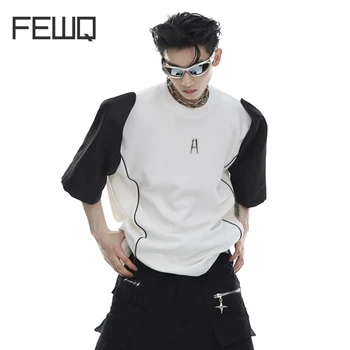 FEWQ Нишевый дизайн, мъжки ризи в стил мозайка, течна тампон на рамо, тениски с къс ръкав, Уличен Контрастен мъжки топ 9A8640
