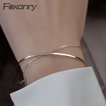Foxanry, минималистичные гривни-веригата е сребърен цвят за жени, двойки, новите модни творчески двуслойни геометрични вечерни украса