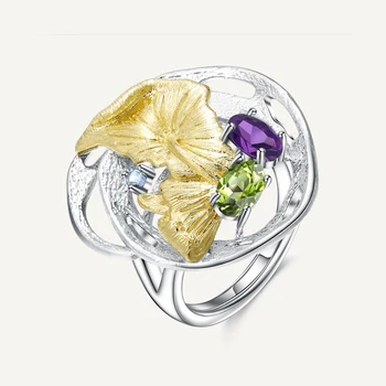 GEM'S BALLET Натурален перидот, аметист, цветни пръстени от сребро 925 проба, листа монстеры, регулируем пръстен за жени, изискани бижута