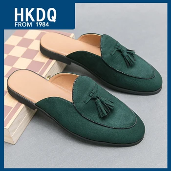 HKDQ/ Лятна Мъжки Кожени обувки без закопчалка със Зелени пискюли, Модни Дишащи Мъжки Мюли, Удобна Нескользящая Ежедневни обувки За Мъже