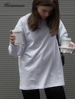 Hirsionsan, свободна базова тениска с кръгло деколте от 100% памук, дълъг ръкав, дамски обикновен универсален тениски, дамски модни градинска дрехи, ежедневни блузи