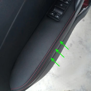 LHD Черна кожа със сини шевове само за VW Polo 2011-2016 хетчбек, вратата дръжката е от микрофибър, подлакътник панел на кутията от микрофибър