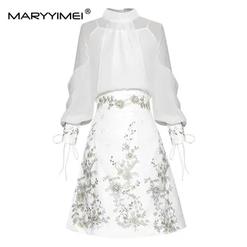 MARYYIMEI / модерен дизайнерски комплект, пролетната дамска риза с дълъг ръкав-фенерчета, потник + пола с бродерии, пайети, комплект от две части