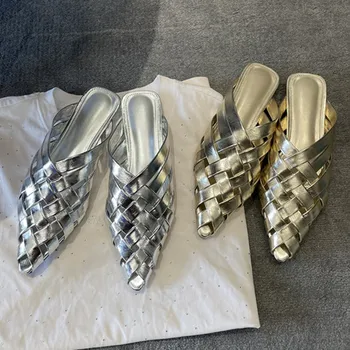 Maxdutti/ обувки от френската кожа със сребърен куха ходила Мюлер; лятна мода връхни облекла в стил ретро с остри пръсти и плетением; дамски чехли на равна подметка