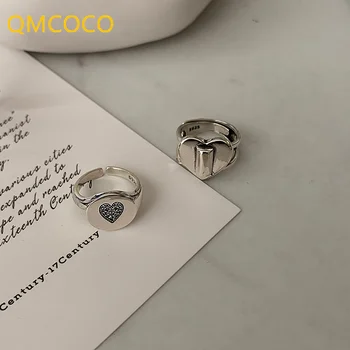 QMCOCO Сребърен пръстен във формата на сърце за жени, прости модерен ретро романтични бижута ръчна изработка, подаръци за отношение за рождения си ден