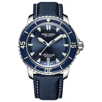 Reef Тигър/RT Супер светещи часовници за гмуркане за Мъже със син циферблат Аналогов автоматични часовници найлонов ремък reloj hombre RGA3035