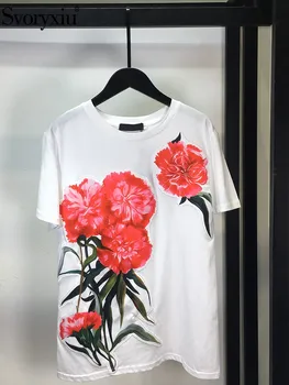 Svoryxiu Висококачествена дизайнерска Мода Годишната Реколта тениска с аппликацией във формата на Рози, Блузи, Дамски Директен Ежедневни тениска с къс ръкав