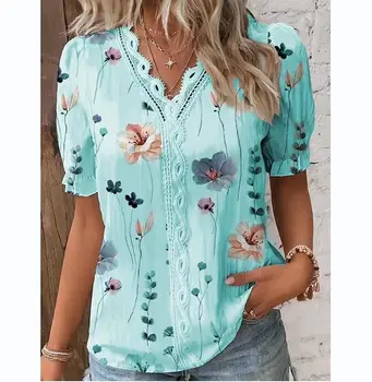 Дамски летни блузи, плетени калъф за плетене на една кука дантелени ризи, секси реколта тениски с къс ръкав и набори 5XL, свободни ежедневни тениски Befree Boho