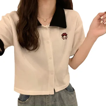 Дамски поло риза с къси ръкави 2023, новата модерна тениска-поло, лятна тениска на рамото, дизайнерски стил, гъвкавост за студенти