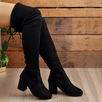 Демисезонные дамски ботуши до коляното, 2023, модни дамски ботуши на високо квадратен ток, плътно прилепнали черни ботуши до бедрата, Mujer