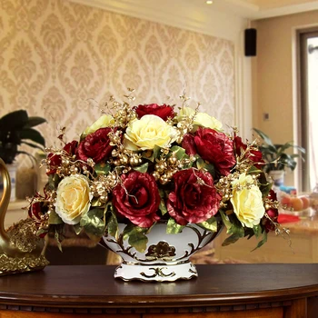 Европейската керамична ваза + набор от изкуствени цветя, декорация, мебели за дома, занаяти, декорация на хола, коприна роза, изкуствен саксия, украшение