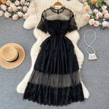 Жена лятно сетчатое дантелено черна рокля в стил мозайка с кръгло деколте и къс ръкав, рокля фея, елегантни и ежедневни рокли за партита, дълги рокли-халатики