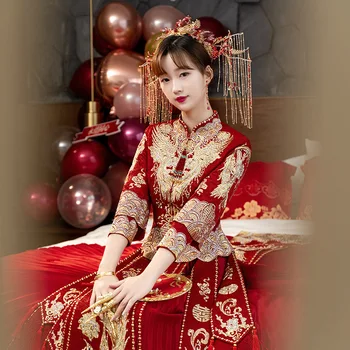 Жена сватбена рокля с бродерия на Феникса, Чонсам, елегантна булката, традиционен китайски стил, облекло за наздравици, костюм Тан