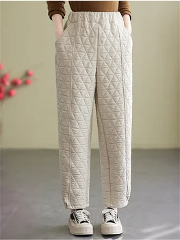 Зимните модни удобни изолирана женски зреещи с памучна подплата, женски обикновен панталон в японски стил с еластична гумена лента за кръста, обикновен панталон в японски стил