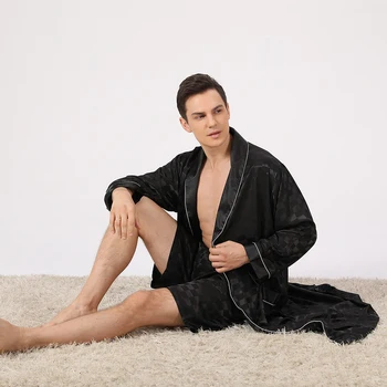 Комплект летни тънки сатен хавлиени халати Луксозен мъжки халат от изкуствена коприна с дълъг ръкав, жаккардовое кимоно райе, мъжки пижами, къси панталони