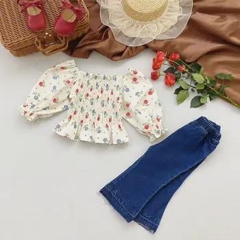 Комплекти дрехи за момичета, пролет-есен, детска реколта риза с пищни ръкави и цветен модел + дънки-клеш в корейски стил, модни детски дрехи
