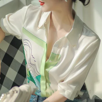 Коприна риза, женски дизайн, нишевый принт, топ със средни ръкави, стегната текстура, имитация на коприна тутового цвят, годишна жена
