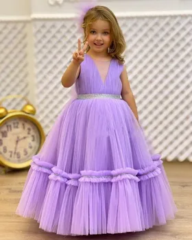 Лавандуловото пищни рокля с цветя модел за момичета, V-образно деколте, като слоевете от тюл, рокля на принцеса за рождения ден, рокля за първо причастие