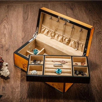 Луксозен нов дизайн, дървен velvet органайзер за бижута кутия за съхранение на грим, опаковане колиета, стойка за обеци, златар витрина