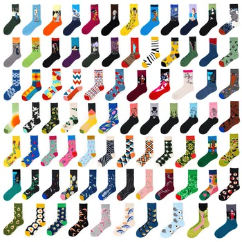 Нови есенно-зимни мъжки чорапи памук с дълги ръкави, модни чорапи в тубусе, персонални чорапи за скейтборд с цветя и птици