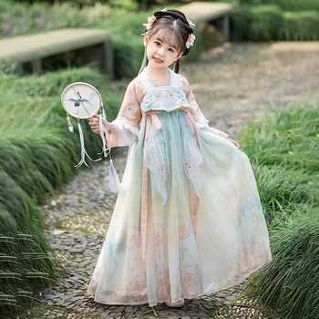 Пролетно-летните детски свободни рокли с бродерии за момичета, празнично сценично рокля, древнекитайский традиционен костюм Hanfu
