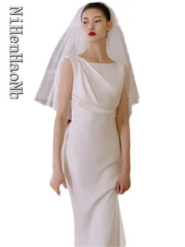 Пролетно-лятна сватбена рокля Дамско Елегантно без ръкави, Фино дамско бяла сватбена рокля