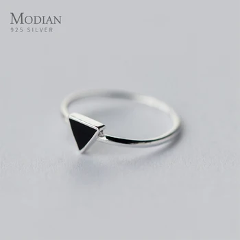 Пръстен от сребро 925 проба с триъгълник от черен емайл Modian, модерно открито регулируема геометрично пръстен, оригинални бижута