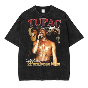 Хип-хоп мъжки градинска облекло в стил харадзюку с портрет Тупака, тениски с графичен принтом, реколта памучни ежедневни летни тениски с къс ръкав, потници