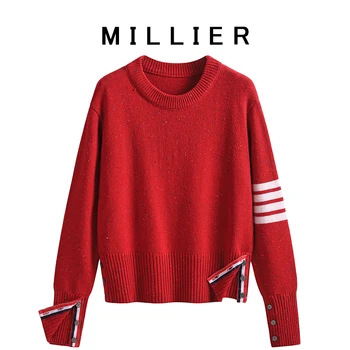 Четири ивици червен цвят на грах дебел пуловер женски зимен 2021 нов пуловер с кръгло деколте, жилетка за колеж