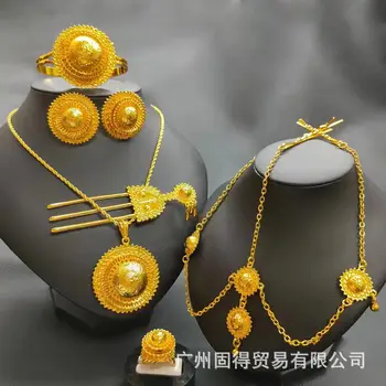 комплект бижута от злато 24 К, китайска сватбена диадема, колие, обеци, гривна, пръстен, гривна за коса в стил тан, набор от шест теми